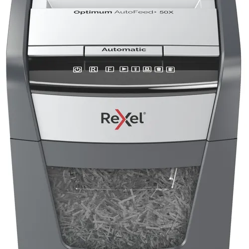Distrugator automat documente Rexel OPTIMUM  50X ,  50 coli, P4, cross-cut (tip confeti), cos  20 litri, negru-gri, 
