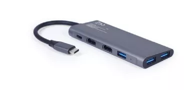 DOCKING Station Gembird universal, 3-in-1, conectare PC USB Type C, USB-C x 1, USB-A 3.1 x 3, porturi video HDMI x 2,  PD  60 W, argintiu, 