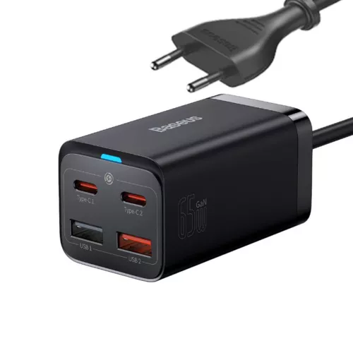 INCARCATOR retea Baseus GaN3 Pro, Quick Charge 65W, 2 x USB, 2 x USB Type-C, include cablu USB Type-C la USB Type-C 100W 1m, negru 