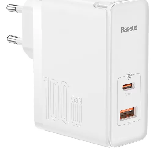 INCARCATOR retea Baseus GaN5 Pro, Quick Charge 100W, 1 x USB, 1 x USB Type-C, include cablu USB Type-C la USB Type-C 100W 1m, alb 