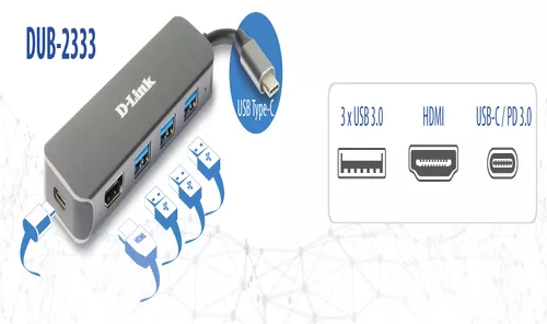 HUB extern D-LINK, porturi 3 x SuperSpeed USB 3.0, 1 x USB-C with data sync & power delivery up to 60W, 1 x HDMI 4k,Dual-Slot SD/microSD/SDHC/SDXC Card Reader, conectare prin USB Type C, cablu 10 cm, metalic, argintiu 