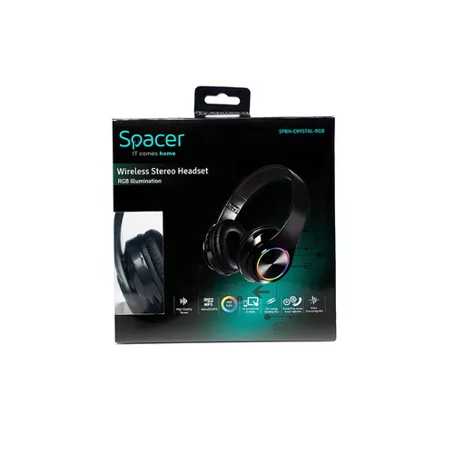 CASTI  Spacer, wireless, standard, utilizare multimedia, smartphone, microfon pe casca, conectare prin Bluetooth 5.0, iluminare RGB, pliabile, banda ajustabila, negru, 