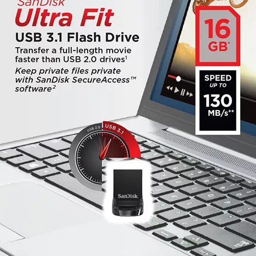 MEMORIE USB 3.1 SANDISK 16 GB, profil mic, carcasa plastic, negru, 