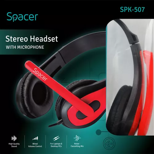 CASTI  Spacer, cu fir, standard, utilizare multimedia, microfon pe brat, conectare prin Jack 3.5 mm x 2, negru / rosu, 