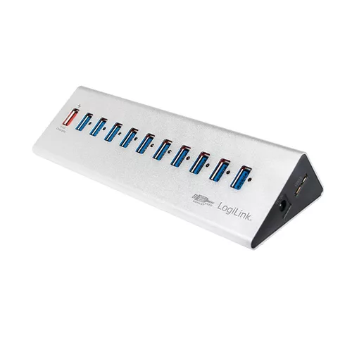HUB extern LOGILINK, porturi USB: USB 3.0 x 10, Fast Charging Port, conectare prin USB 3.0, alimentare retea 220 V, argintiu, 