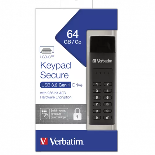 KEYPAD SECURE USB 3.1 GEN 1 DRIVE WITH 256-BIT AES HARDWARE ENCRYPTION 64GB, USB C 