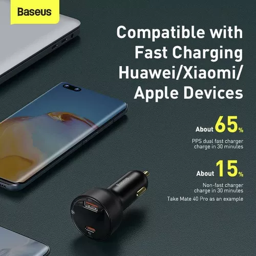 INCARCATOR auto Baseus Superme Digital Display PPS, Quick Charge 100W, 1 x USB 5V/4.5A si 1 x USB Type-C 5V/3A, negru 