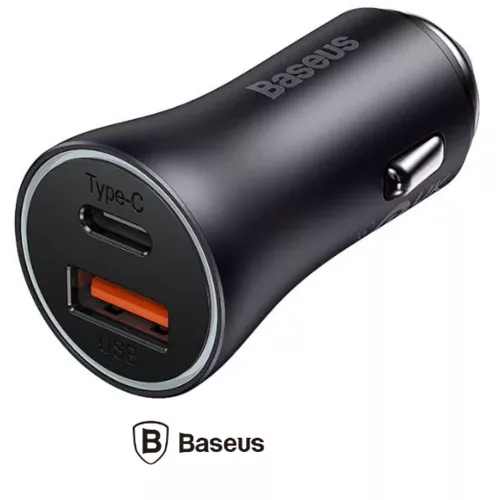 INCARCATOR auto Baseus Golden Contactor Max, Quick Charge 60W, 1 x USB 5V/3A, 1 x USB Type-C, gri 