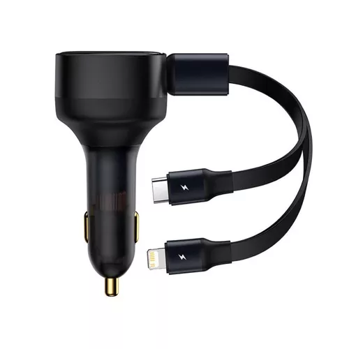 INCARCATOR auto Baseus Enjoyment, cablu inclus max 75cm, 1 x USB Type-C(T) max 5V/3A 30W, 1x Iphone Lightning 5V/3A total output 25 cm , pt. bricheta auto, negru 