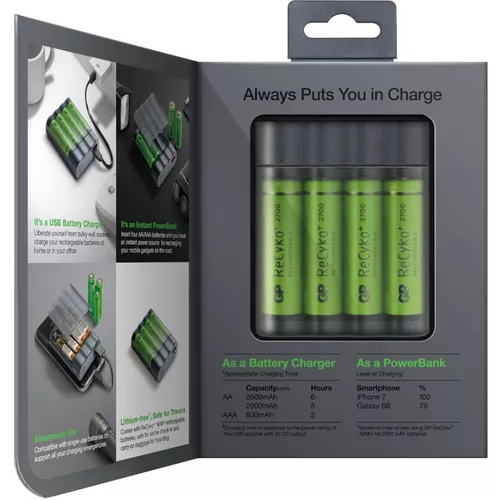 Incarcator GP Batteries, Recyko compatibil NiMH (AA/AAA), include 4 x 2700 mAh AA (R6), functie powerbank,  incarcare USB, 6 LED-uri indicare incarcare, 