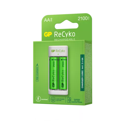 Incarcator GP Batteries, Recyko compatibil NiMH (AA/AAA), include 2 x 2100 mAh AA (R6), incarcare USB, 1 LED indicare incarcare, 