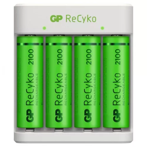 Incarcator GP Batteries, Recyko compatibil NiMH (AA/AAA), include 4 x 2100 mAh AA (R6), incarcare USB, 2 LED-uri indicare incarcare, 