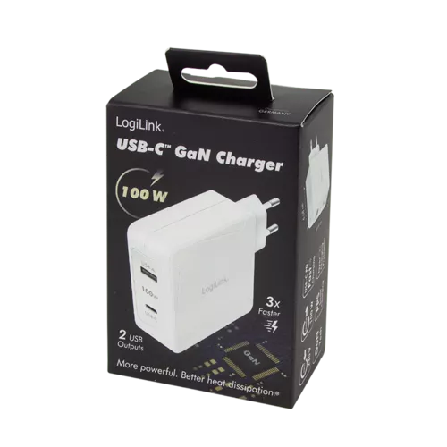 ALIMENTATOR retea 220V LOGILINK, universal, 1 x USB-C, 1 x USB-A, maxim 21V/3A, GaN 100W, suport OCP/OVP/OHP/SCP, alb, 