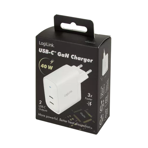 ALIMENTATOR retea 220V LOGILINK, universal, 2 x USB-C,  maxim 11V/1.8A, GaN 40W, suport OCP/OVP/OHP/SCP, alb, 