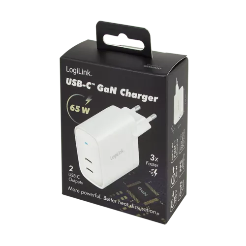 ALIMENTATOR retea 220V LOGILINK, universal, 2 x USB-C,  maxim 11V/5A, GaN 65W, suport OCP/OVP/OHP/SCP, alb, 