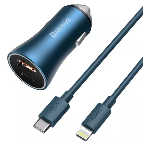 INCARCATOR auto Baseus Golden Contactor, 1 x USB Output 5V/3A, 1 x USB Type-C Output 5V/3A total output 40W, include cablu USB Type-C la Lightning Iphone de 1m, pt. bricheta auto, albastru 