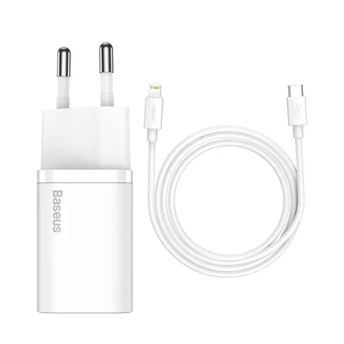 INCARCATOR retea Baseus Super Si, Quick Charge 20W, 1 x USB Type-C 5V/3A max, include cablu USB Type-C la Lightning Iphone 1m, alb 
