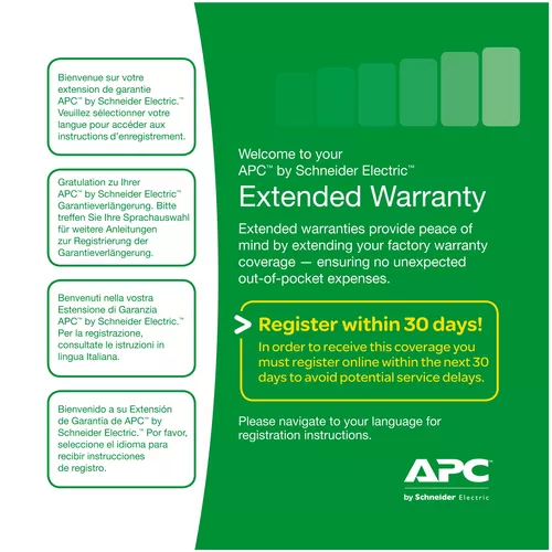 Extensie garantie APC 1 an pentru produs nou valabila pentruSMC1500I/1500I-2U, SMT1000RMI2U/1500I/1500RMI2U/2200I, SMX1500RMI2U 