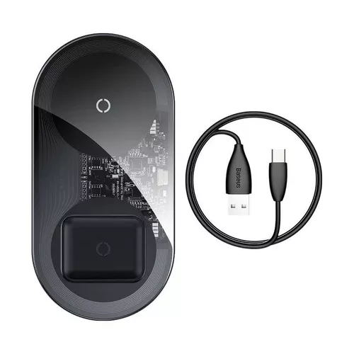 INCARCATOR wireless Baseus Simple 2 in 1 Qi 18W, compatibilitate smartphones si airpods, cablu Type-C la USB inclus, negru transparent 