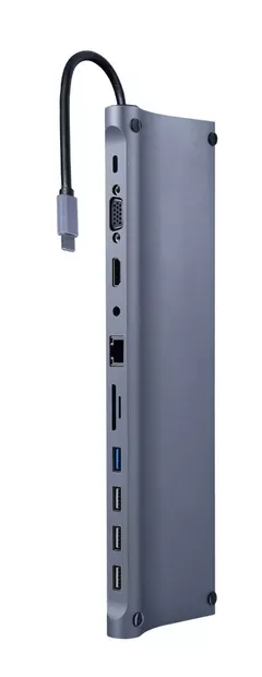 DOCKING Station Gembird universal,11-in-1, conectare PC USB Type C, USB-C x 1, USB-A 3.1 x 1, USB-A 2.0 x 3, porturi video HDMI x 1, VGA x 1, RJ45 x 1, PD  87W, SD, microSD, Audio, argintiu, 
