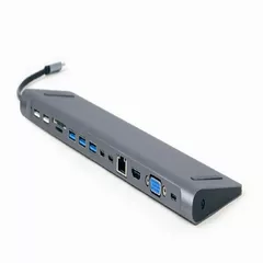 DOCKING Station Gembird universal, 9-in-1, conectare PC USB Type C, USB-C x 3, USB-A 3.1 x 3, USB-A 2.0 x 2, porturi video HDMI x 1, VGA x 1, PD  60 W, RJ45, SD, microSD, Audio, argintiu, 