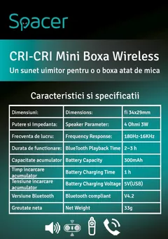 BOXA SPACER portabila bluetooth, Cri-Cri-RED, RMS:  3W, control volum, acumulator 300mAh, timp de functionare pana la 2 ore, distanta de functionare pana la 10m, incarcare USB, RED, 