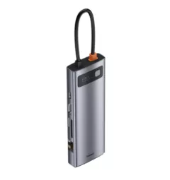 DOCKING Station Baseus Metal Gleam, conectare PC USB Type-C, USB 3.0 x 3, Card reader SD x 1, MicroSD x 1, USB Type C x 1 PD 100W, HDMI x 1/4K/30Hz, VGA x 1/Full HD, RJ-45 Gigabit x 1, gri 