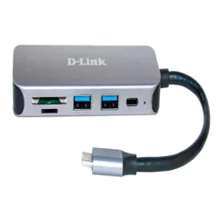 HUB extern D-LINK, porturi 2 x  SuperSpeed USB 3.0, 1 x USB-C (Thunderbolt 3) port with data sync, Dual-Slot SD/microSD/SDHC/SDXC Card Reader, conectare prin USB Type C, cablu 10 cm, metalic, argintiu 