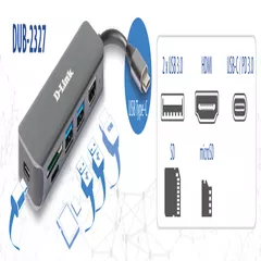 HUB extern D-LINK, porturi 2 x SuperSpeed USB 3.0, 1 x USB-C with data sync & power delivery up to 60W, 1 x HDMI 4k,Dual-Slot SD/microSD/SDHC/SDXC Card Reader, conectare prin USB Type C, cablu 10 cm, metalic, argintiu 