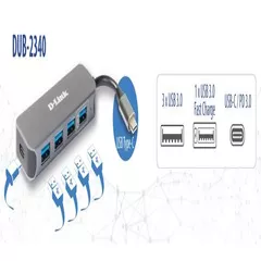 HUB extern D-LINK, porturi 3 x SuperSpeed USB 3.0, 1 x with Quick Charge, 1 x USB-C (Thunderbolt 3) port with data sync 60W, conectare prin USB Type C, cablu 10 cm, metalic, argintiu 