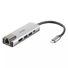 HUB extern D-LINK, porturi Gigabit LAN x 1, USB 3.0 x 2, HDMI x 1,  USB Type C x 1, conectare prin USB Type C, cablu 17 cm, argintiu 