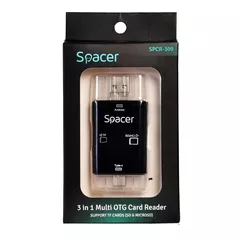 CARD READER extern SPACER, 3 in 1, interfata USB 2.0, USB Type C, Micro-USB, citeste/scrie: SD, micro SD; adaptor USB Type C la USB sau Micro-USB; plastic, negru, 