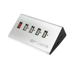 HUB extern LOGILINK, porturi USB: USB 2.0 x 4, Fast Charging Port, conectare prin USB 2.0, alimentare retea 220 V, argintiu, 